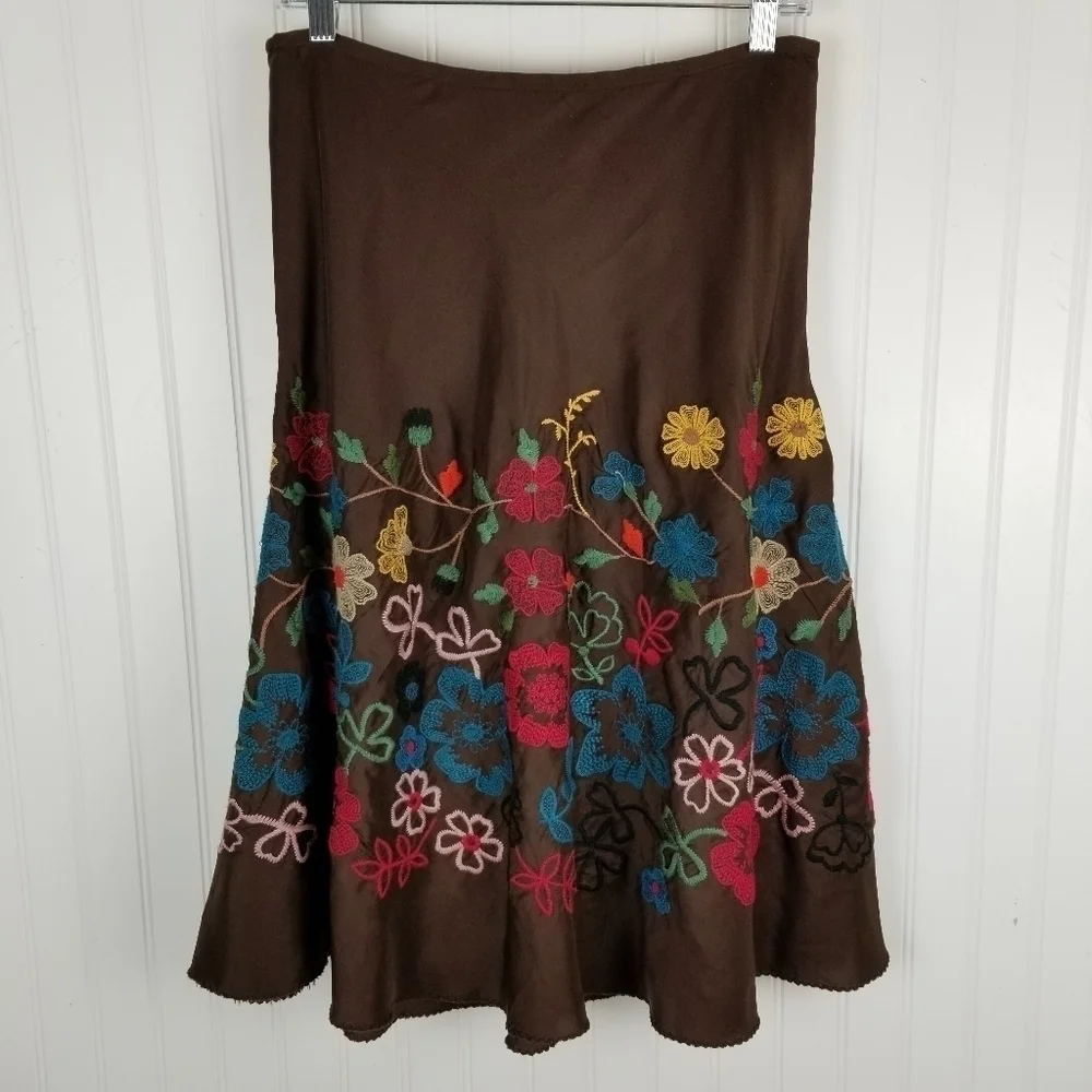 Johnny Was Silk Midi Skirt Floral Embroidery Size 8 Brown Multi Color A line